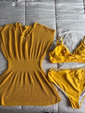 Cupshe Yellow Crochet Knit Swim Cover up & swimsuit bikini set